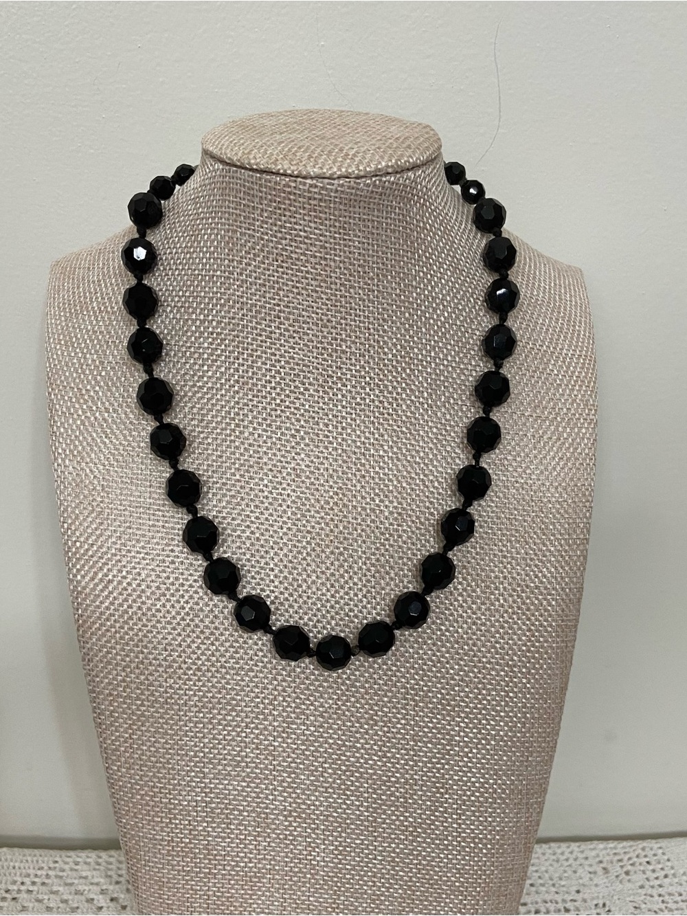 Vintage Made in Austria Black Faceted Crystal Glass Bead Necklace – Mid-Century